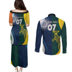 Custom India and Australia Cricket Couples Matching Puletasi and Long Sleeve Button Shirt Special Half-Half Mix