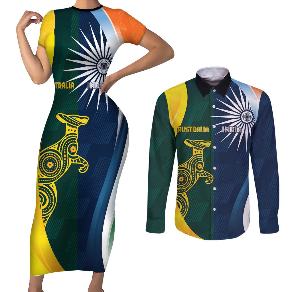 Custom India and Australia Cricket Couples Matching Short Sleeve Bodycon Dress and Long Sleeve Button Shirt Special Half-Half Mix