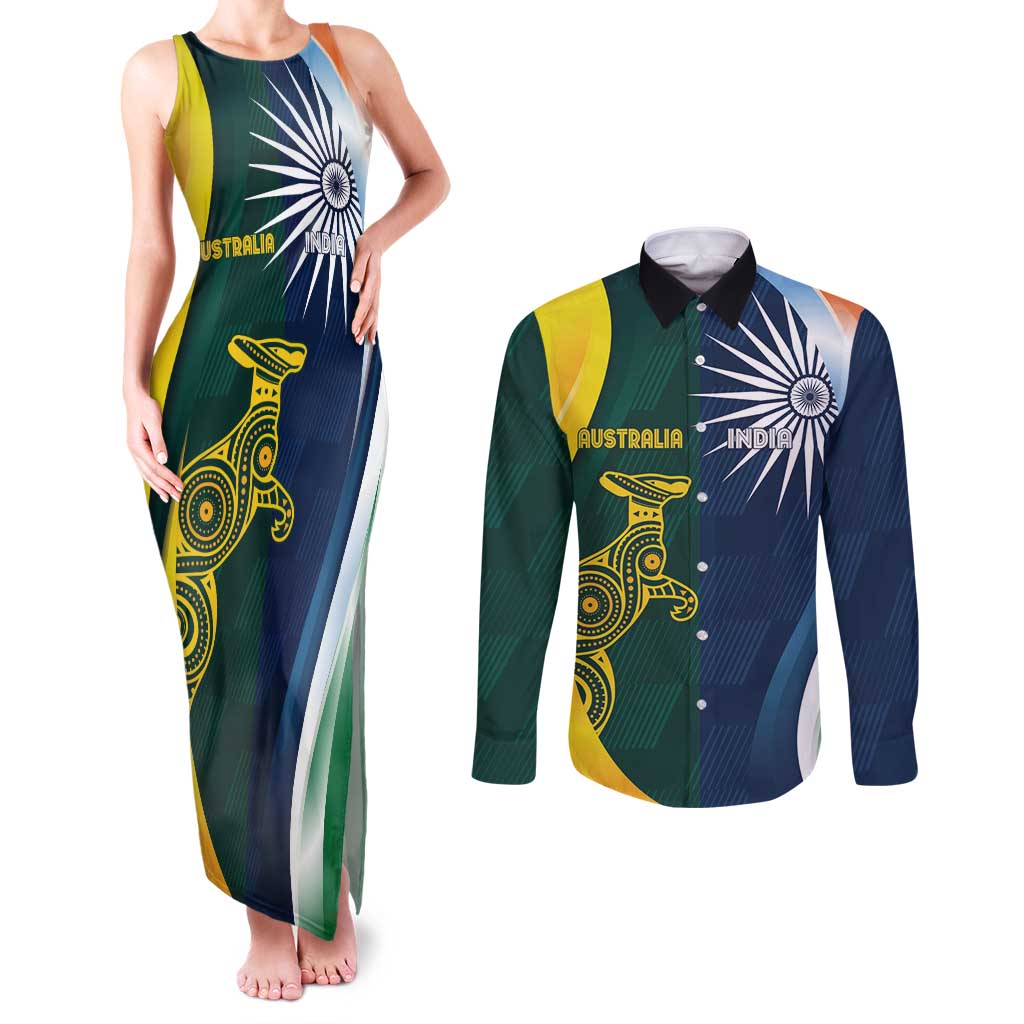 Custom India and Australia Cricket Couples Matching Tank Maxi Dress and Long Sleeve Button Shirt Special Half-Half Mix