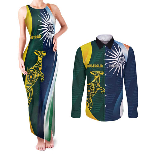 Custom India and Australia Cricket Couples Matching Tank Maxi Dress and Long Sleeve Button Shirt Special Half-Half Mix