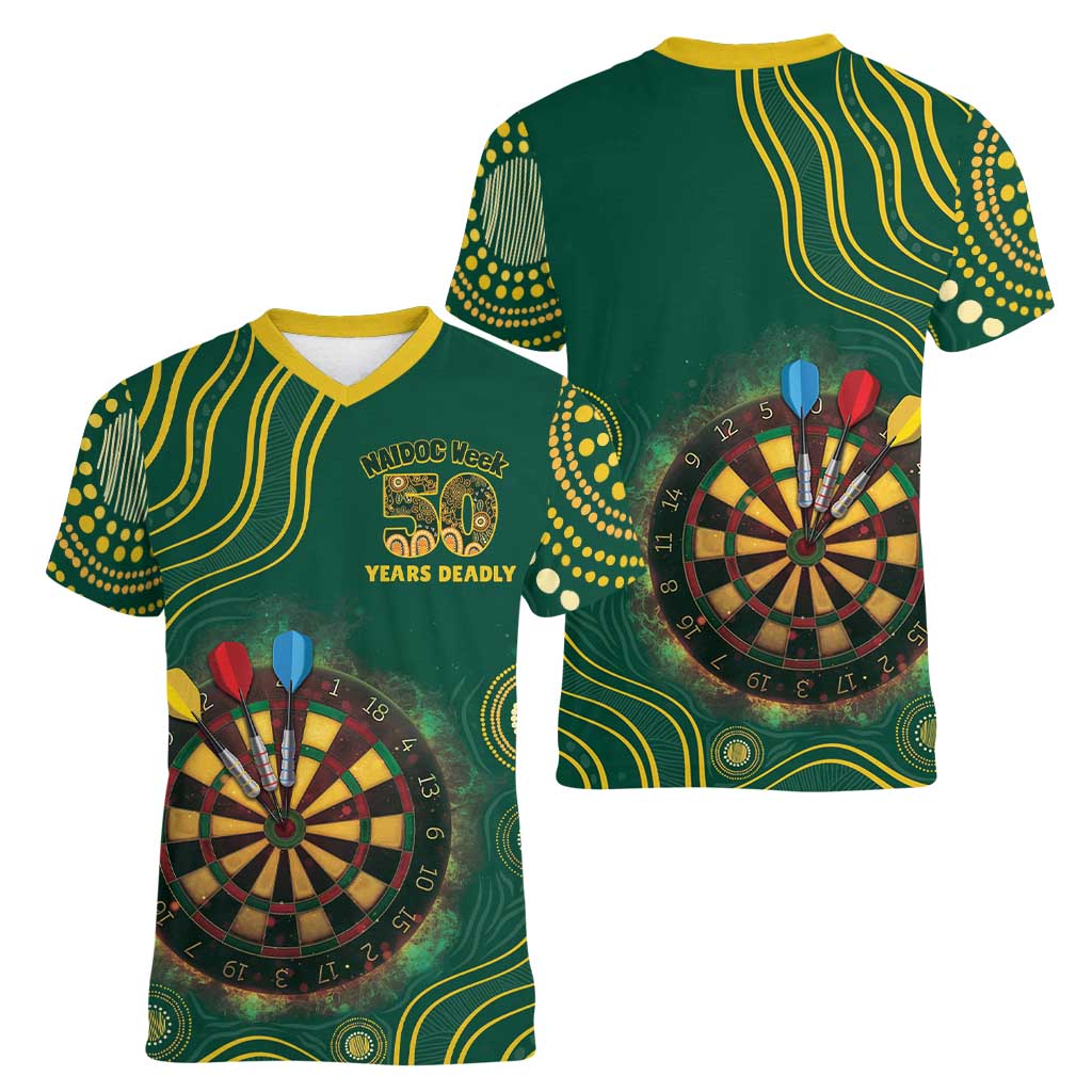 First Nations NAIDOC Week 2026 Fiery Darts Women V-Neck T-Shirt National Colors Aboriginal Arts