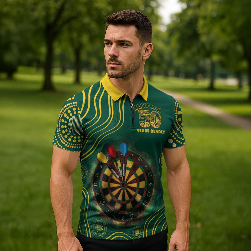 First Nations NAIDOC Week 2026 Fiery Darts Zipper Polo Shirt National Colors Aboriginal Arts