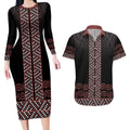 Maori Taniko Patterns Couples Matching Long Sleeve Bodycon Dress and Hawaiian Shirt Brown Niho Taniwha Mix Paatiki Motifs