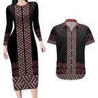 Maori Taniko Patterns Couples Matching Long Sleeve Bodycon Dress and Hawaiian Shirt Brown Niho Taniwha Mix Paatiki Motifs
