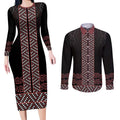 Maori Taniko Patterns Couples Matching Long Sleeve Bodycon Dress and Long Sleeve Button Shirt Brown Niho Taniwha Mix Paatiki Motifs