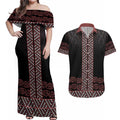 Maori Taniko Patterns Couples Matching Off Shoulder Maxi Dress and Hawaiian Shirt Brown Niho Taniwha Mix Paatiki Motifs