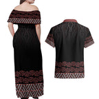 Maori Taniko Patterns Couples Matching Off Shoulder Maxi Dress and Hawaiian Shirt Brown Niho Taniwha Mix Paatiki Motifs