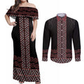 Maori Taniko Patterns Couples Matching Off Shoulder Maxi Dress and Long Sleeve Button Shirt Brown Niho Taniwha Mix Paatiki Motifs