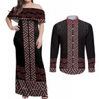 Maori Taniko Patterns Couples Matching Off Shoulder Maxi Dress and Long Sleeve Button Shirt Brown Niho Taniwha Mix Paatiki Motifs