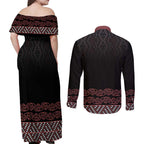 Maori Taniko Patterns Couples Matching Off Shoulder Maxi Dress and Long Sleeve Button Shirt Brown Niho Taniwha Mix Paatiki Motifs