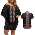 Maori Taniko Patterns Couples Matching Off Shoulder Short Dress and Hawaiian Shirt Brown Niho Taniwha Mix Paatiki Motifs