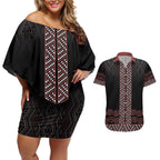 Maori Taniko Patterns Couples Matching Off Shoulder Short Dress and Hawaiian Shirt Brown Niho Taniwha Mix Paatiki Motifs