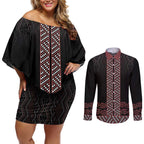 Maori Taniko Patterns Couples Matching Off Shoulder Short Dress and Long Sleeve Button Shirt Brown Niho Taniwha Mix Paatiki Motifs