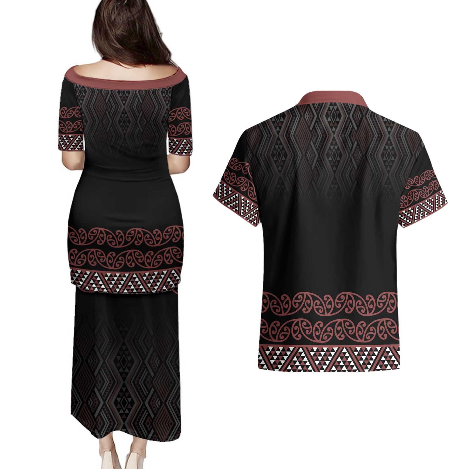 Maori Taniko Patterns Couples Matching Puletasi and Hawaiian Shirt Brown Niho Taniwha Mix Paatiki Motifs