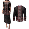 Maori Taniko Patterns Couples Matching Puletasi and Long Sleeve Button Shirt Brown Niho Taniwha Mix Paatiki Motifs