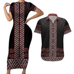 Maori Taniko Patterns Couples Matching Short Sleeve Bodycon Dress and Hawaiian Shirt Brown Niho Taniwha Mix Paatiki Motifs