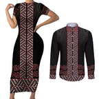 Maori Taniko Patterns Couples Matching Short Sleeve Bodycon Dress and Long Sleeve Button Shirt Brown Niho Taniwha Mix Paatiki Motifs