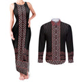 Maori Taniko Patterns Couples Matching Tank Maxi Dress and Long Sleeve Button Shirt Brown Niho Taniwha Mix Paatiki Motifs