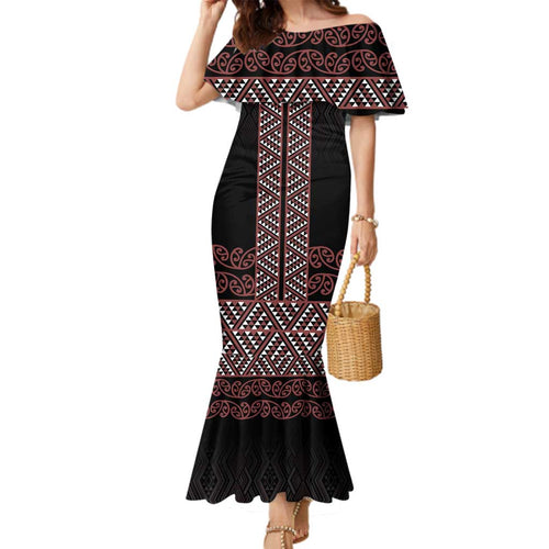 Maori Taniko Patterns Family Matching Mermaid Dress and Hawaiian Shirt Brown Niho Taniwha Mix Paatiki Motifs