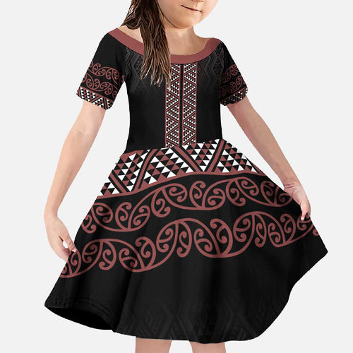 Maori Taniko Patterns Family Matching Off The Shoulder Long Sleeve Dress and Hawaiian Shirt Brown Niho Taniwha Mix Paatiki Motifs