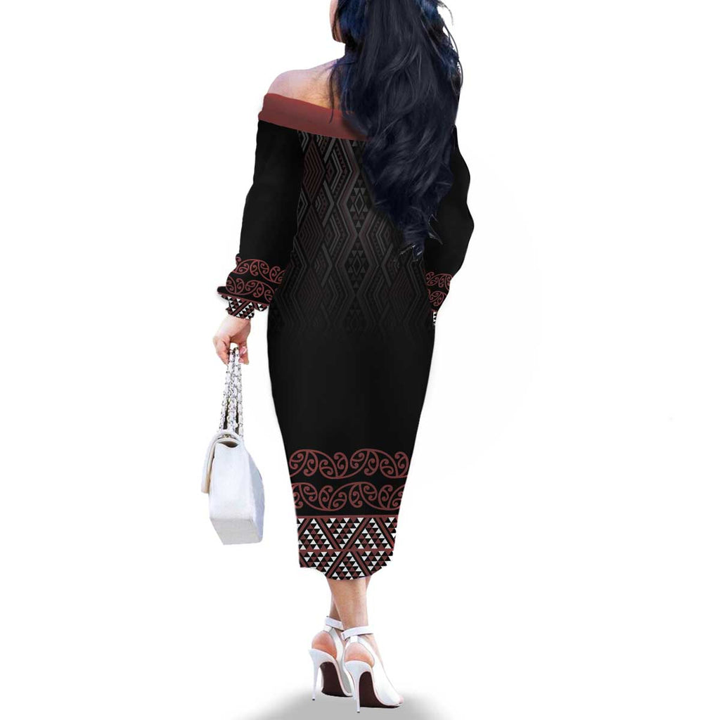 Maori Taniko Patterns Family Matching Off The Shoulder Long Sleeve Dress and Hawaiian Shirt Brown Niho Taniwha Mix Paatiki Motifs