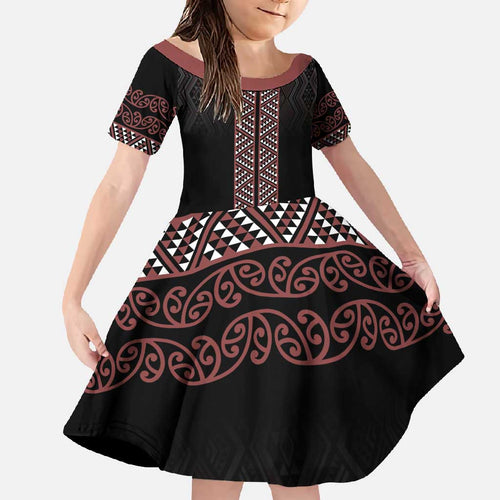 Maori Taniko Patterns Family Matching Off Shoulder Maxi Dress and Hawaiian Shirt Brown Niho Taniwha Mix Paatiki Motifs
