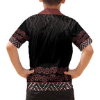 Maori Taniko Patterns Family Matching Off Shoulder Short Dress and Hawaiian Shirt Brown Niho Taniwha Mix Paatiki Motifs