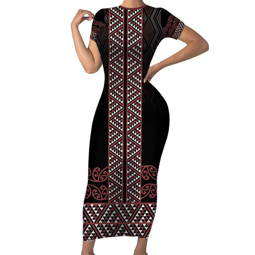Maori Taniko Patterns Family Matching Short Sleeve Bodycon Dress and Hawaiian Shirt Brown Niho Taniwha Mix Paatiki Motifs