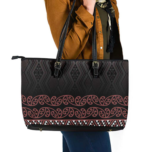 Maori Taniko Patterns Leather Tote Bag Brown Niho Taniwha Mix Paatiki Motifs