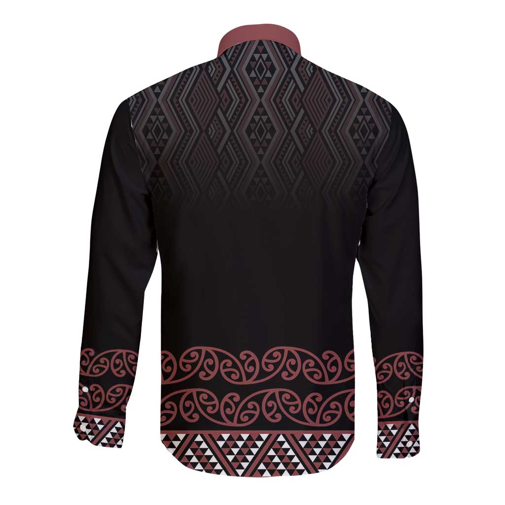 Maori Taniko Patterns Long Sleeve Button Shirt Brown Niho Taniwha Mix Paatiki Motifs