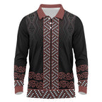 Maori Taniko Patterns Long Sleeve Polo Shirt Brown Niho Taniwha Mix Paatiki Motifs