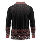 Maori Taniko Patterns Long Sleeve Polo Shirt Brown Niho Taniwha Mix Paatiki Motifs