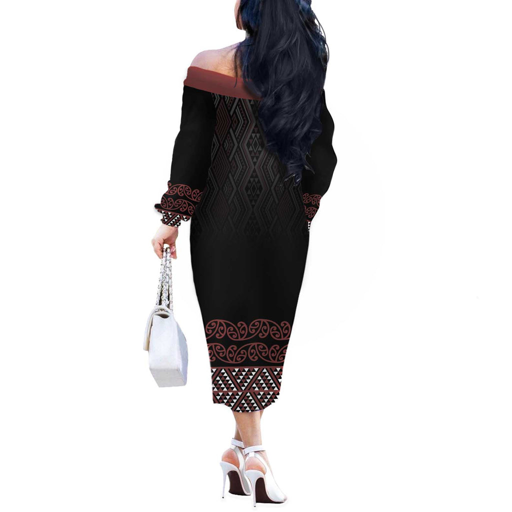 Maori Taniko Patterns Off The Shoulder Long Sleeve Dress Brown Niho Taniwha Mix Paatiki Motifs