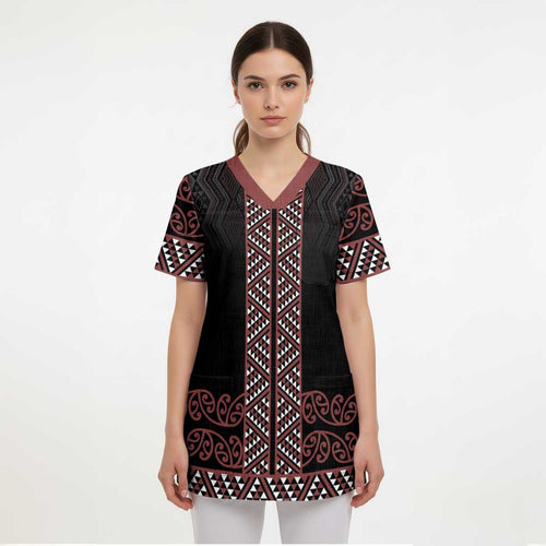 Maori Taniko Patterns Scrub Top Brown Niho Taniwha Mix Paatiki Motifs - Aussie Hoodie