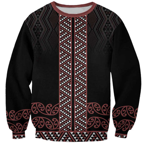 Maori Taniko Patterns Sweatshirt Brown Niho Taniwha Mix Paatiki Motifs