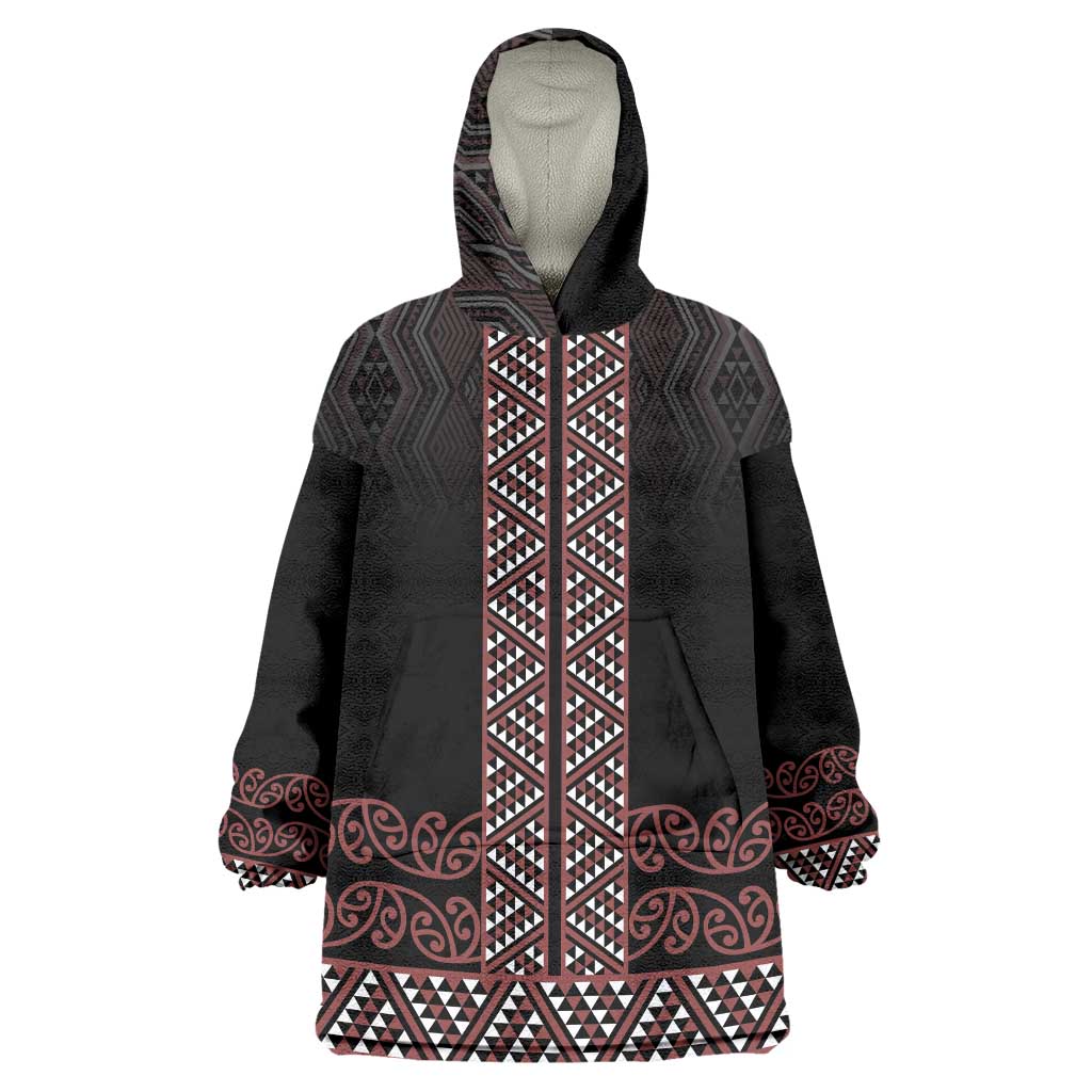 Maori Taniko Patterns Wearable Blanket Hoodie Brown Niho Taniwha Mix Paatiki Motifs