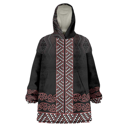 Maori Taniko Patterns Wearable Blanket Hoodie Brown Niho Taniwha Mix Paatiki Motifs