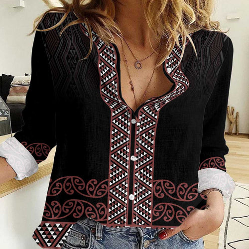 Maori Taniko Patterns Women Casual Shirt Brown Niho Taniwha Mix Paatiki Motifs