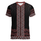 Maori Taniko Patterns Women V-Neck T-Shirt Brown Niho Taniwha Mix Paatiki Motifs