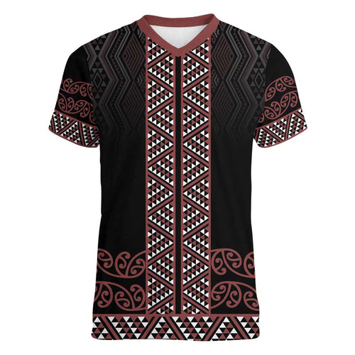 Maori Taniko Patterns Women V-Neck T-Shirt Brown Niho Taniwha Mix Paatiki Motifs