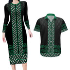 Maori Taniko Patterns Couples Matching Long Sleeve Bodycon Dress and Hawaiian Shirt Pounamu Niho Taniwha Mix Paatiki Motifs
