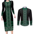 Maori Taniko Patterns Couples Matching Long Sleeve Bodycon Dress and Long Sleeve Button Shirt Pounamu Niho Taniwha Mix Paatiki Motifs