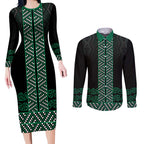 Maori Taniko Patterns Couples Matching Long Sleeve Bodycon Dress and Long Sleeve Button Shirt Pounamu Niho Taniwha Mix Paatiki Motifs