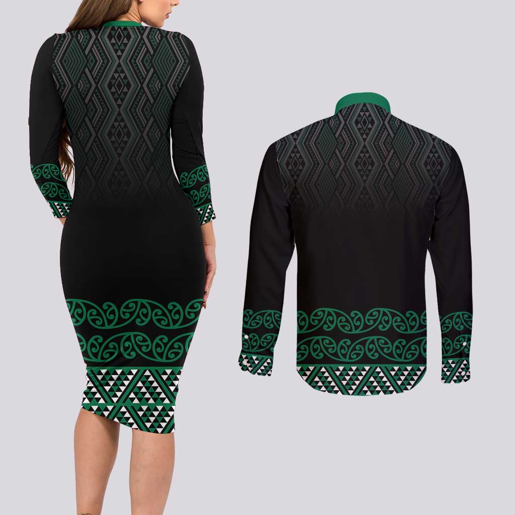 Maori Taniko Patterns Couples Matching Long Sleeve Bodycon Dress and Long Sleeve Button Shirt Pounamu Niho Taniwha Mix Paatiki Motifs