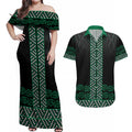 Maori Taniko Patterns Couples Matching Off Shoulder Maxi Dress and Hawaiian Shirt Pounamu Niho Taniwha Mix Paatiki Motifs