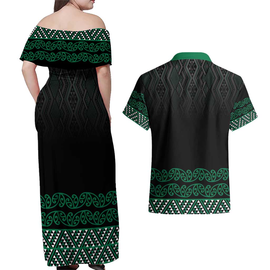 Maori Taniko Patterns Couples Matching Off Shoulder Maxi Dress and Hawaiian Shirt Pounamu Niho Taniwha Mix Paatiki Motifs