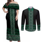 Maori Taniko Patterns Couples Matching Off Shoulder Maxi Dress and Long Sleeve Button Shirt Pounamu Niho Taniwha Mix Paatiki Motifs