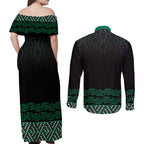 Maori Taniko Patterns Couples Matching Off Shoulder Maxi Dress and Long Sleeve Button Shirt Pounamu Niho Taniwha Mix Paatiki Motifs