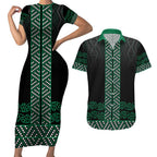 Maori Taniko Patterns Couples Matching Short Sleeve Bodycon Dress and Hawaiian Shirt Pounamu Niho Taniwha Mix Paatiki Motifs
