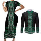 Maori Taniko Patterns Couples Matching Short Sleeve Bodycon Dress and Long Sleeve Button Shirt Pounamu Niho Taniwha Mix Paatiki Motifs